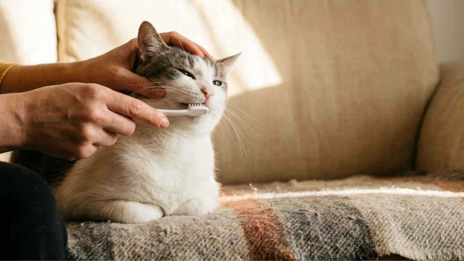 Mujer cepillando dientes al gato